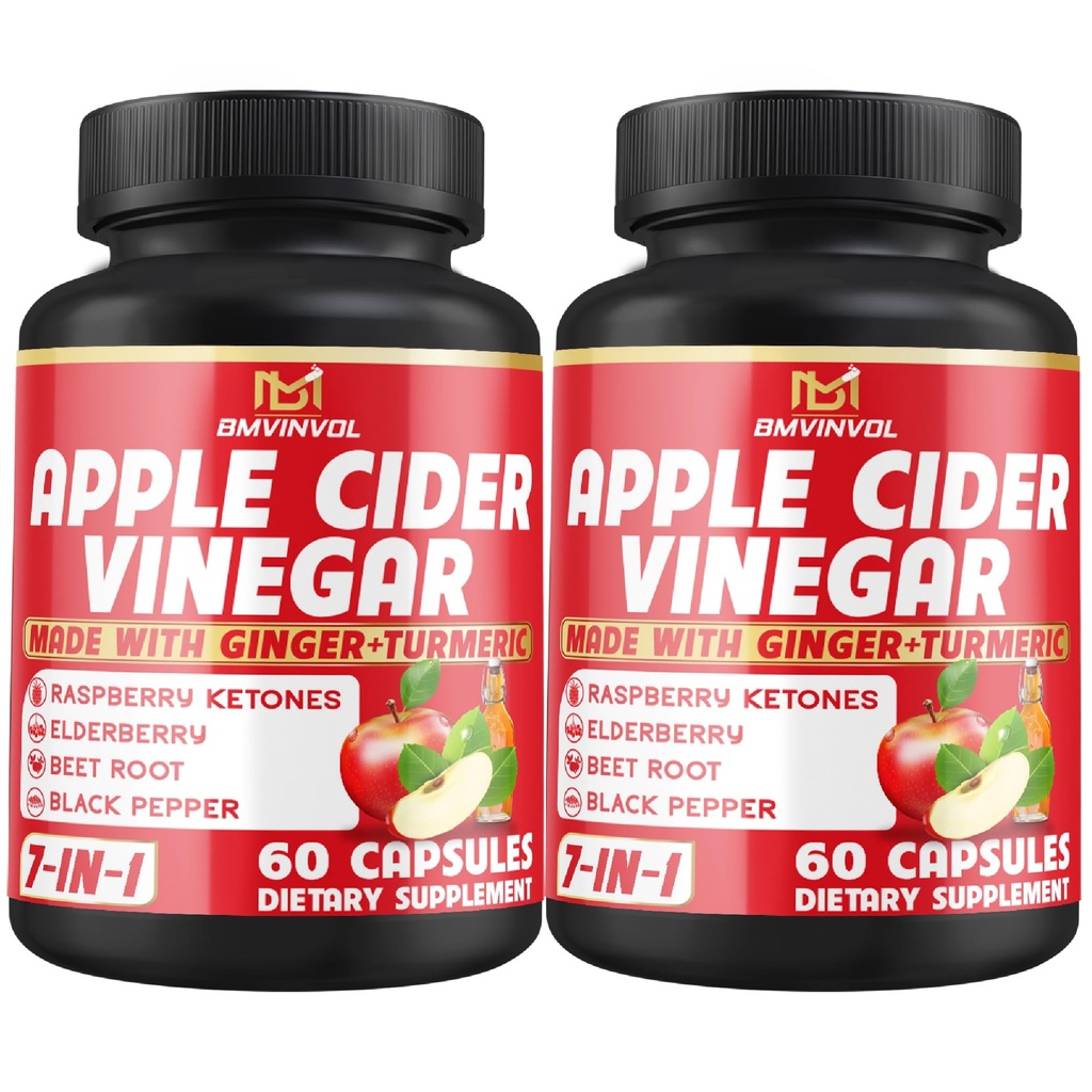 (2 Packs) Apple Cider Vinegar Capsules with Ginger, Turmeric, Elderberry, Raspberry Ketones, Beet Root, Black Pepper - 7in1 for Supports Digestion, Detox & Immune - 4 Months Supply