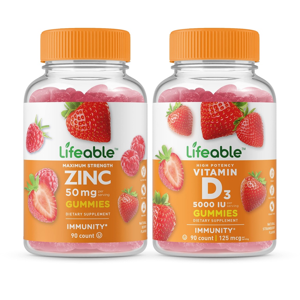 Ζωοποιήσιμος ψευδάργυρος 50mg + βιταμίνη D 5000 IU, Gummies Bundle - Μεγάλη γεύση, συμπλήρωμα βιταμίνης, χωρίς γλουτένη, GMO δωρεάν, μασώμενη κοιλιά