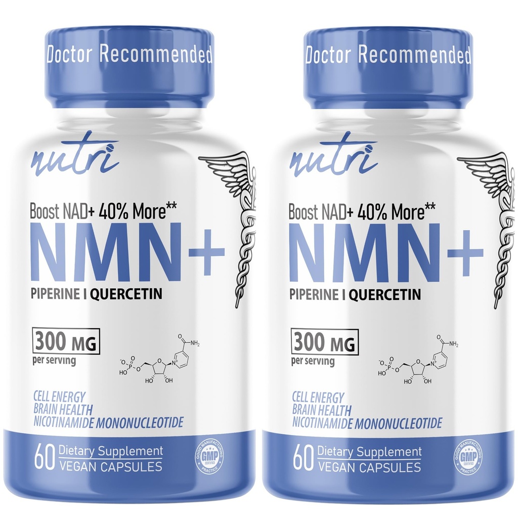 Nutri NMN Supplement 300mg NAD Supplement - (2 Pack) Ultra High Absorption Nicotinamide Mononucleotide, 40% More NAD+ with Quercetin Phytosome & Black Pepper - 120 Capsules - 3rd Party Tested