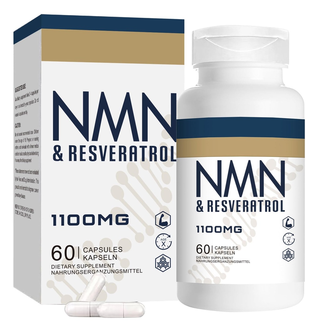 1100mg NMN & Trans-Resveratrol, 3-in-1 Supplement, 60 Veggie Capsules – Supports NAD+ Boost*, Cellular Energy, Immune Function, Muscle Health & Anti-Aging, 30-Day Supply