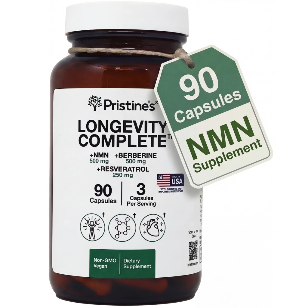 PRISTINE'S Longevity Complete Anti Aging NMN Complex - Advanced Cellular Support - NMN 500mg, Berberine 500mg, Resveratrol 250mg, Healthy Aging, Autophagy & NAD+ Support - Glass Bottle