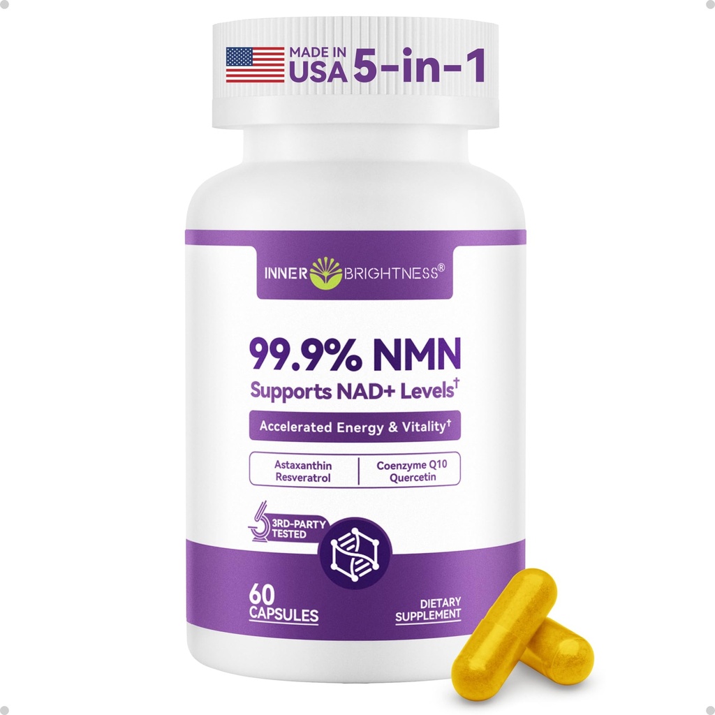 Inner Brightness NMN Supplement 500mg, 99.9% High Purity, Supports NAD+ Levels & Cellular Energy, 5-in-1 Formula with Resveratrol & Astaxanthin, Non-GMO, Gluten-Free, 60 Capsules