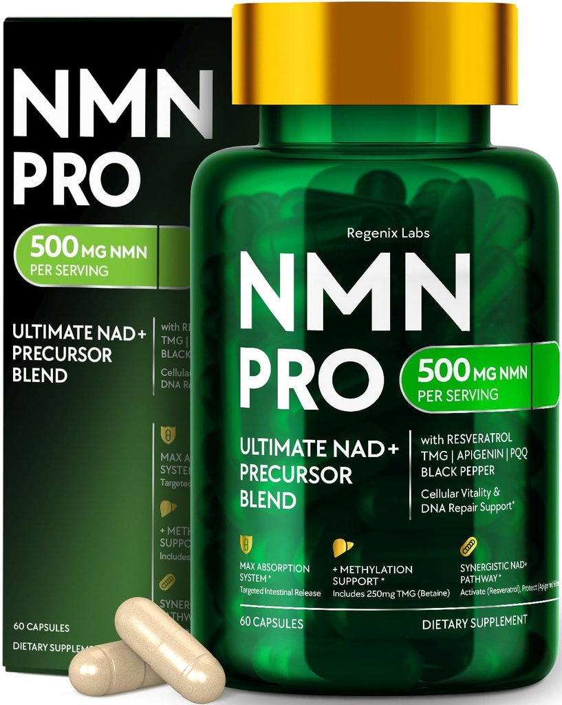 NMN Supplement 500mg - NAD Supplement with Resveratrol, TMG, Apigenin, PQQ, and Black Pepper Extract - 6-in-1 Acid-Resistant Vegan Pills Complex, NMNH Alternative, Third-Party Tested, 30 Servings