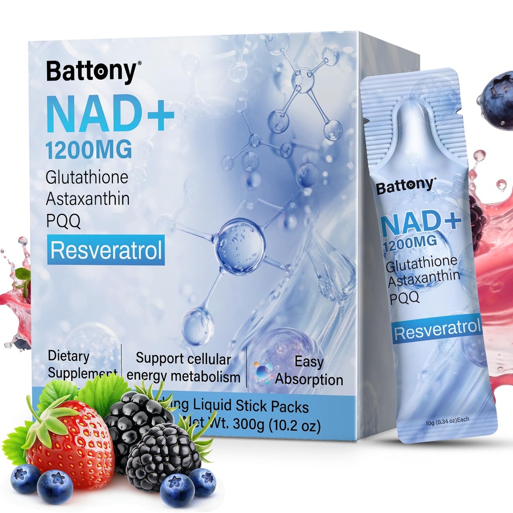 Battony NAD+ Liquid Supplement 1200mg（NMN/Nicotinamide Riboside） with Resveratrol,Glutathione,Astaxanthin and PQQ to Support Cellular Energy Metabolism for Men & Women (30 Packet)