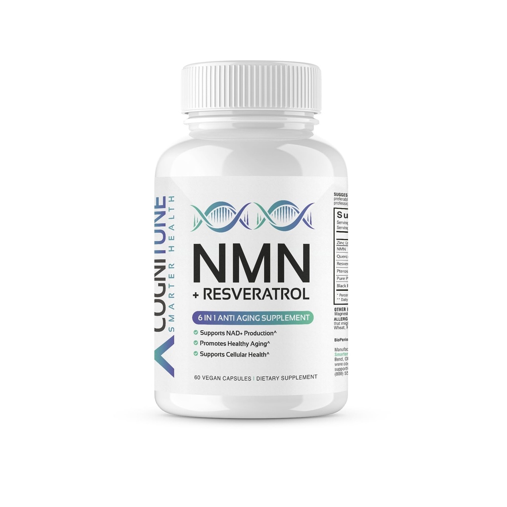 CogniTune NMN Supplement - NMN with Resveratrol, Pterostilbene, Quercetin, Zinc & PQQ for NAD+ Cellular Energy - Longevity Support for Healthy Aging & Brain Function, 1115mg