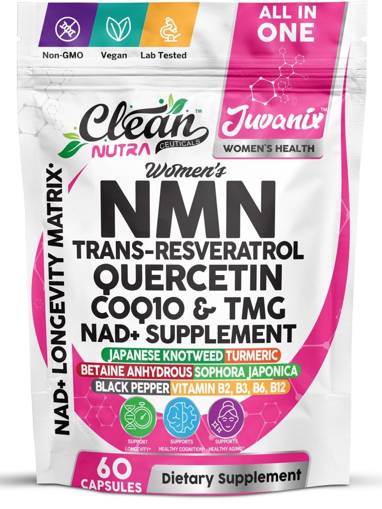 Clean Nutra NMN Supplement for Women CoQ10 NAD Quercetin Resveratrol Spermidine — Womens NMN 500mg Supplements — Juvanix NAD Support Made in USA — TMG & Anti Aging Pills for Women — 60 Capsules