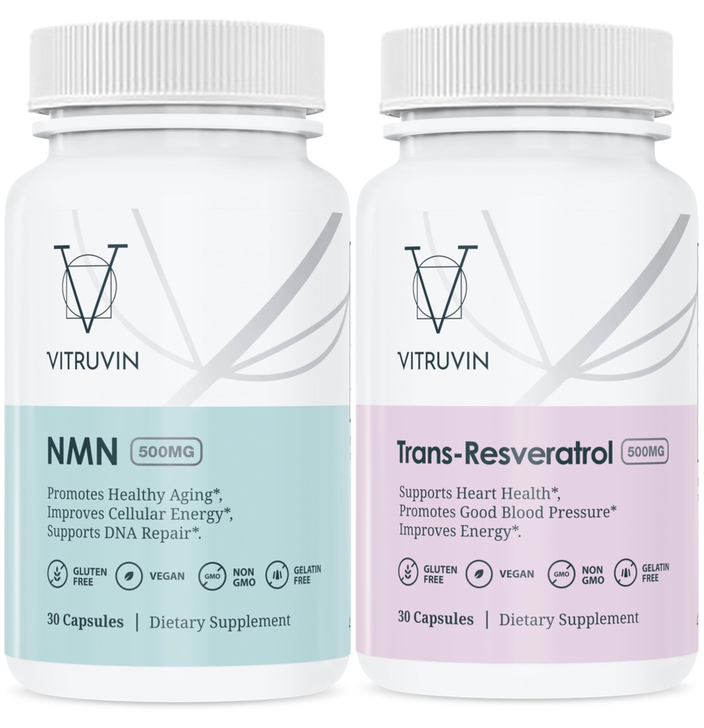 VITRUVIN Longevity Supplement - NMN 500MG + Trans-Resveratrol 500MG with Piperine - Vegan, Non-GMO, Gluten-Free, Gelatin-Free