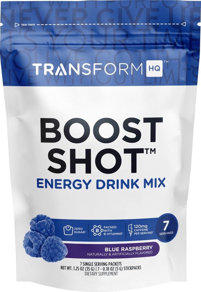 TransformHQ Boost Shot Powder Drink Stick Packets, Blue Raspberry, 7 Pack, Energy Supplements for Women & Men, with Caffeine, Vitamin B12, B9, B6 & B3