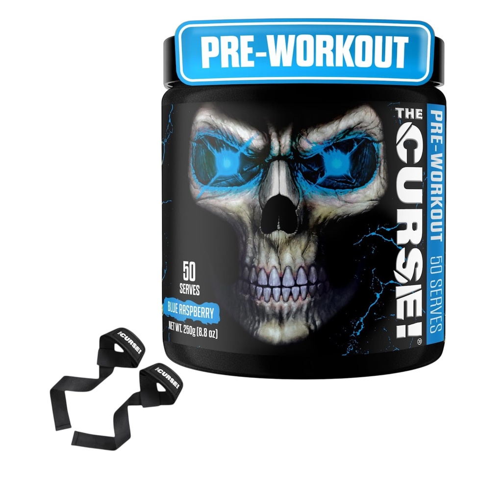JNX SPORTS The Curse! Pre Workout Blue Raspberry + Lifting Strap Bundle – Extreme Energy, Focus & Strength + Neoprene Wrist Support for Weightlifting, Deadlifts & Gym Training