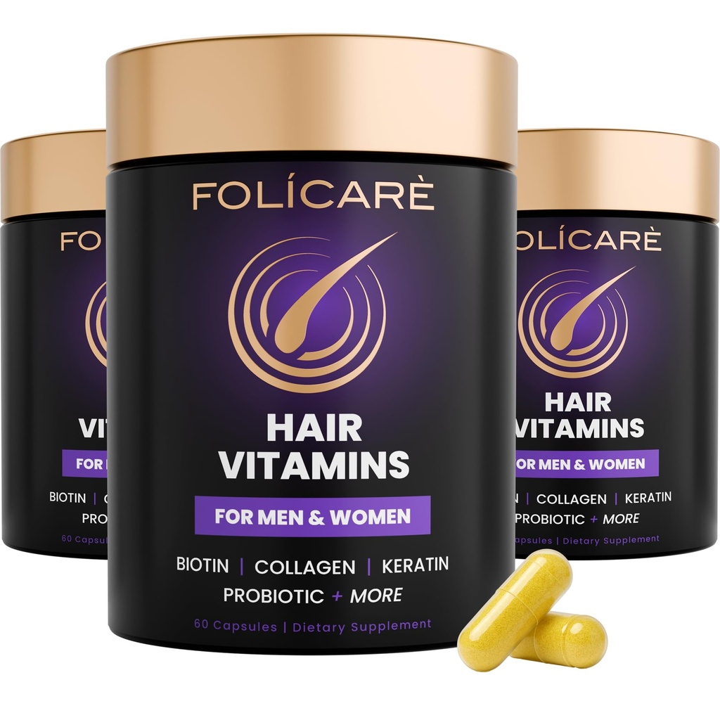 Biotin Hair Growth Supplement with Collagen, Keratin, and Probiotics – Hair Growth Support, Skin & Nails Supplement for Men and Women – Supports Thicker, Stronger Hair – Made in USA (3 Pack)