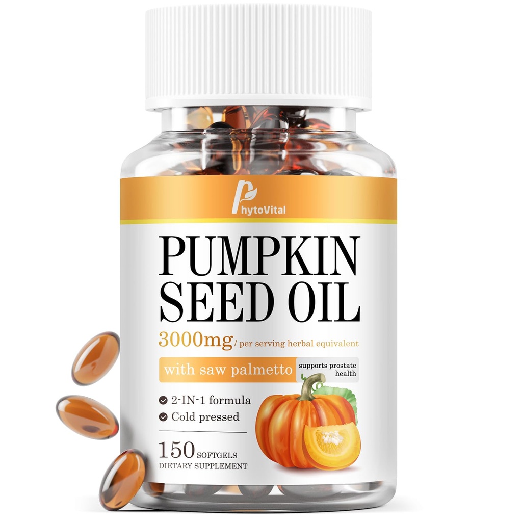 Pumpkin Seed Oil with Saw Palmetto Capsules, 3000mg, 150 Softgels|Cold Pressed Pure Virgin Oil|Essential Fatty Acids, Phytosterols|Immune, Hair, Bladder & Prostate Support | Non-GMO, 1 Pack