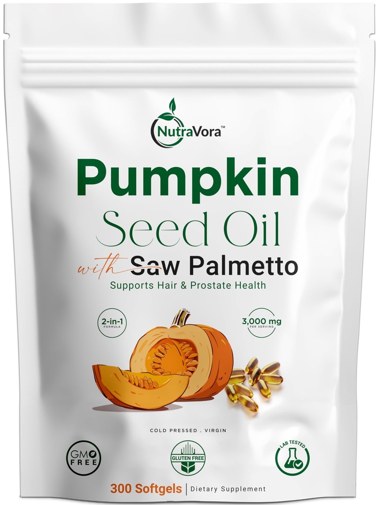Pumpkin Seed Oil with Saw Palmetto Capsules – Men’s Prostate, Hair & Hormone Support Supplement – 3000 mg High Potency Cold-Pressed Formula – Non-GMO, Gluten-Free, Lab Tested – 300 Softgels