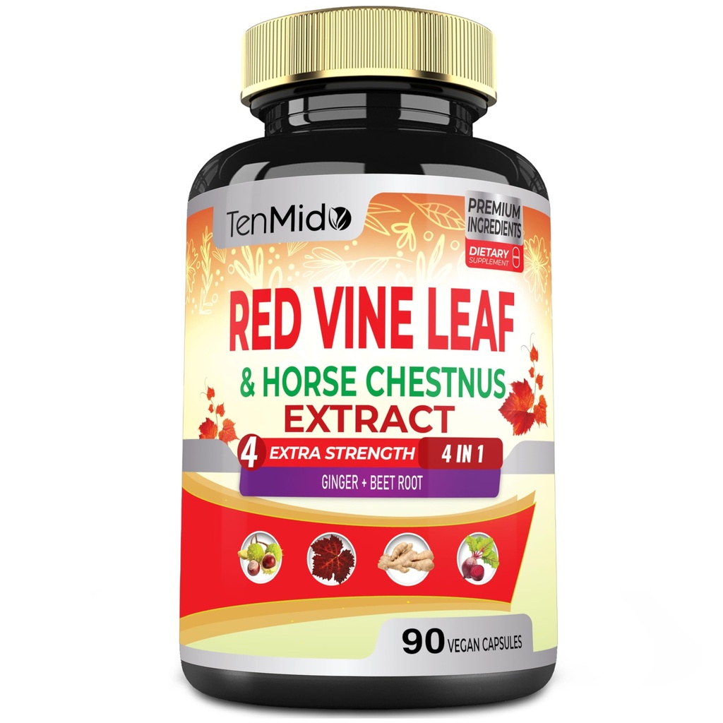 Κάψουλες Red Vine Leaf Extract - με Horse Chestnut, Beet Root, Ginger - Βότανο συμπλήρωμα για την καρδιά, το πόδι Vein & Energy - 90 Vegan Κάψουλες για 45 ημέρες