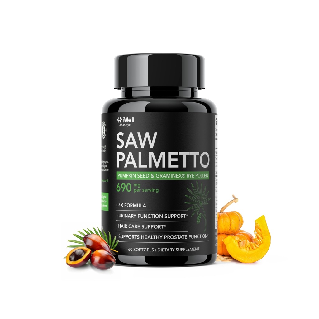 HiWell Absorfyx Saw Palmetto for Men Prostate Health Supplement, Pharmaceutical Grade - Pumpkin Seed Oil - Graminex - Nettle Supports Urinary Function & Hair Loss Prevention,DHT Blocker, 60 softgels