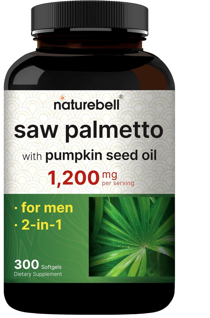 NatureBell Saw Palmetto with Pumpkin Seed Oil 1,200 mg Per Serving, 300 Softgels – 2-in-1 Saw Palmetto for Men – 100 Day Supply – Non-GMO, Gluten Free
