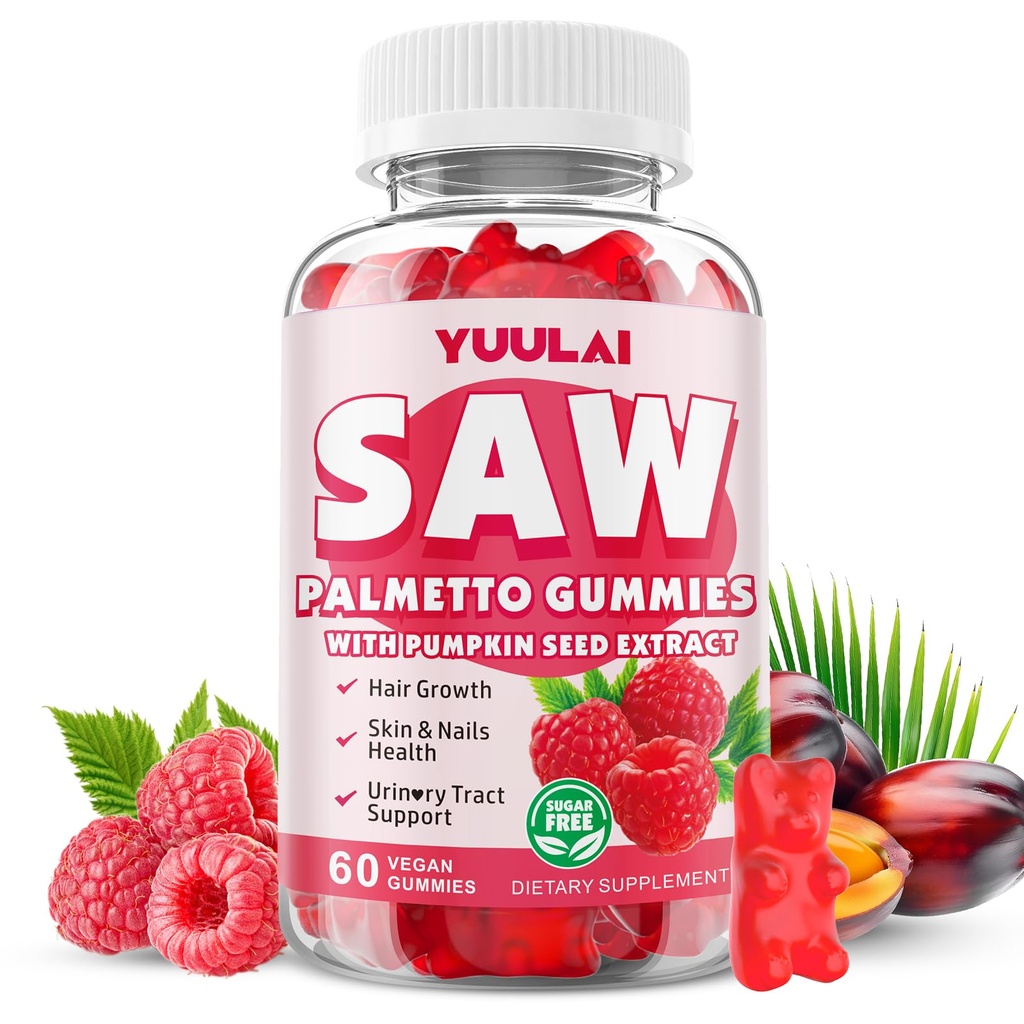 Saw Palmetto Gummies for Women Men, Organic Saw Palmetto with Pumpkin Seed Oil for Hair Growth & Skin Health, Sugar Free, Raspberry Flavor, 60 Count