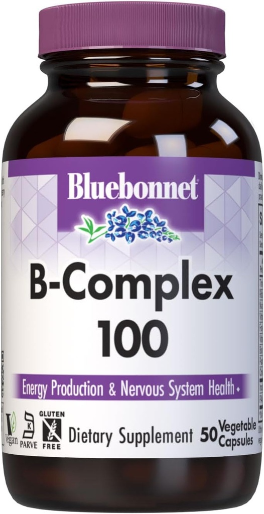 Bluebonnet Nutrition B Complex 100 κάψουλες λαχανικών, Πλήρης πλήρες φάσμα, βιταμίνη Β6, Β12, Βιοτίνη, Folate, Vegan, Χορτοφαγική, Χωρίς γλουτένη, Χωρίς σόγια, Χωρίς γάλα, Kosher, 50 κάψουλες λαχανικών