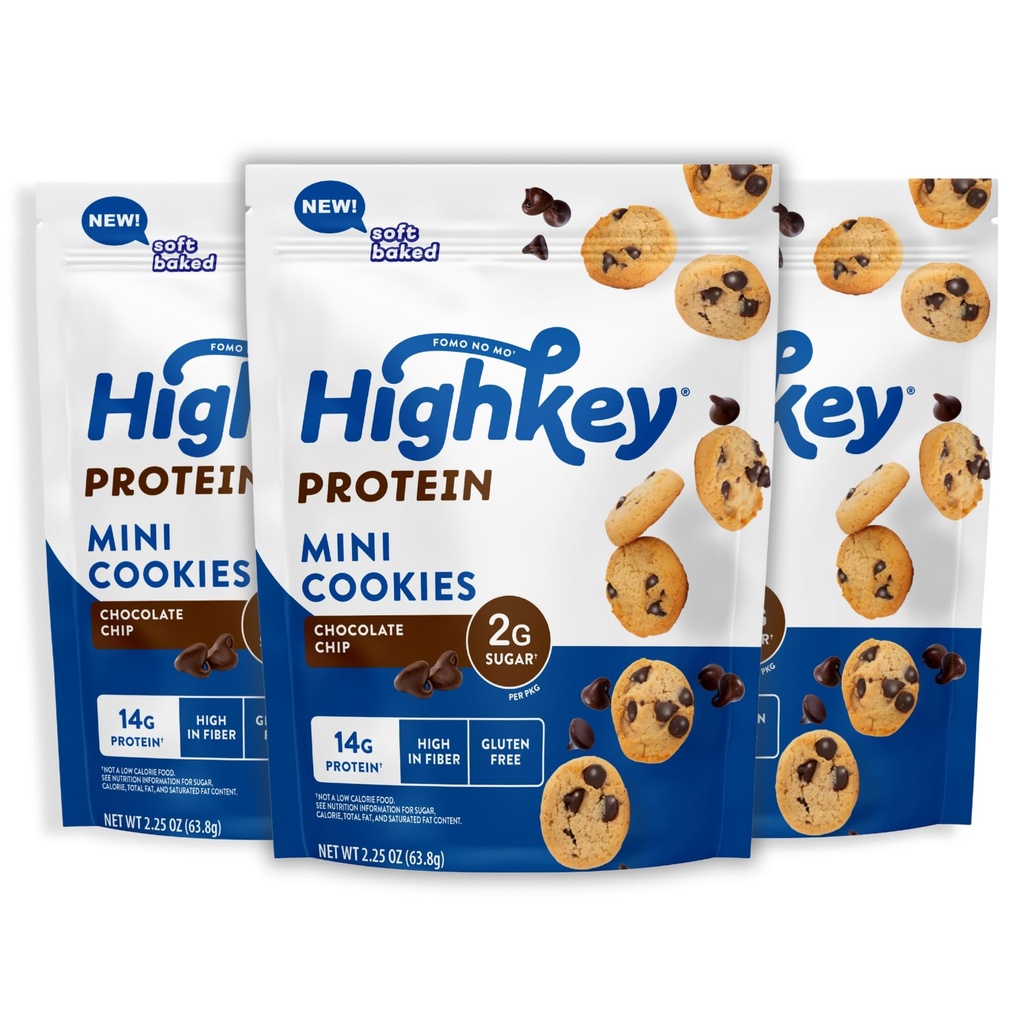 HighKey Protein Chocolate Chip Cookies - Low Sugar, High Protein Keto Snack 3-Pack, 2.25oz, Low Carb Gluten Free Cookies with Oat Fiber, Healthy Sweet Treat