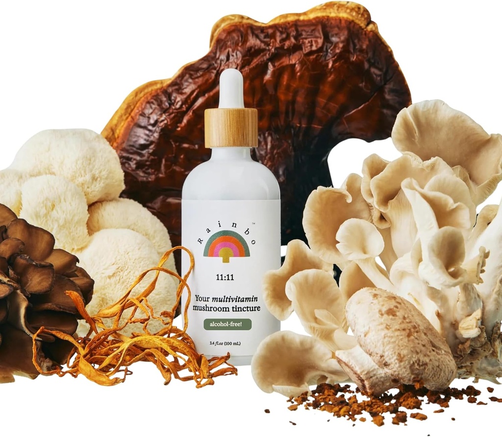 Rainbo - 11:11 Multi Mushroom Tincture - 11-in-1 Alcohol Free - Dual Extract Mushroom Blend - Comprehensive Immune Support, Brain Support, Liquid Lion's Mane & Turkey Tail, Vegan, Non GMO, 3.4 fl oz
