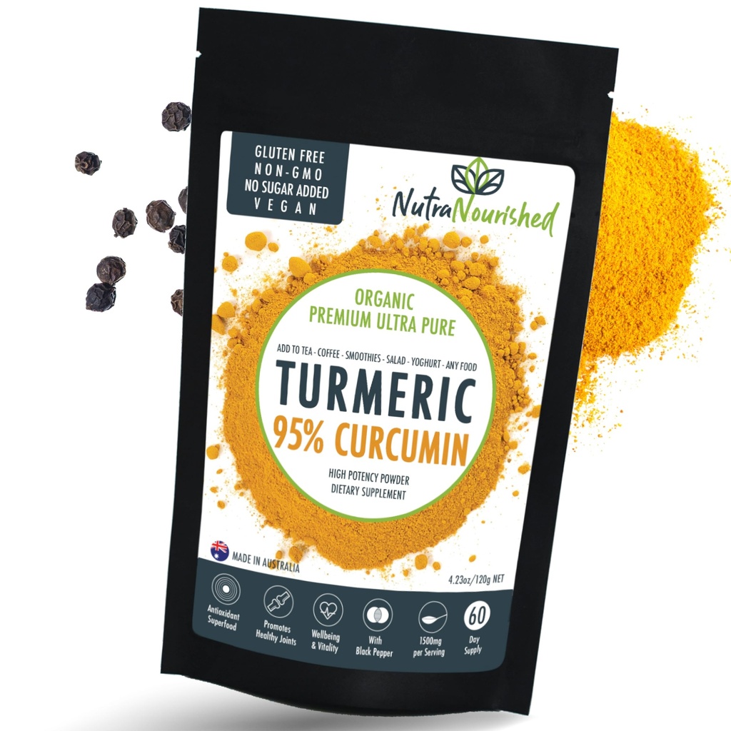 Organic Turmeric 95% Curcumin Powder – 1500mg Extract with Black Pepper – Non-GMO, Vegan, Gluten-Free, Natural Supplement – 120g
