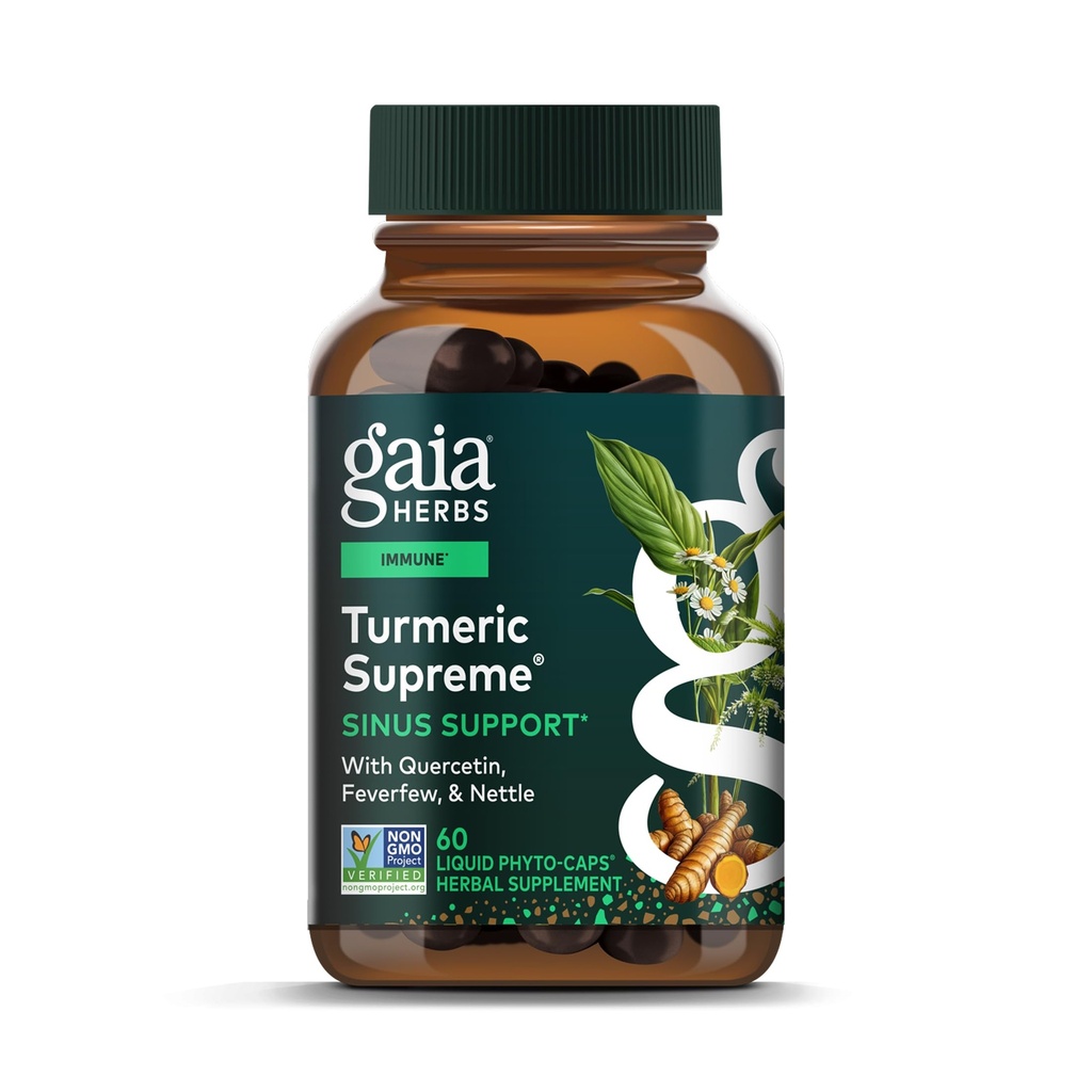 Gaia Herbs Turmeric Supreme Sinus Support - Helps Provide Sinus Relief & Healthy Response* - with Quercetin, Curcuminoids from Turmeric, Black Pepper & More - 60 Vegan Liquid Phyto-Caps (20 Servings)
