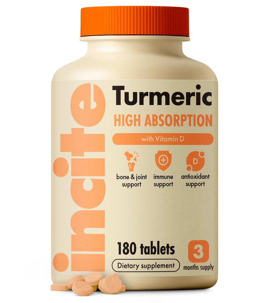 Incite Nutrition Turmeric Supplement 2000mg. 3 Month Supply of High Strength Curcuma Tablets. Natural Antioxidant and Relief Supplement. with Added Vitamin D3 to Boost Your Defenses