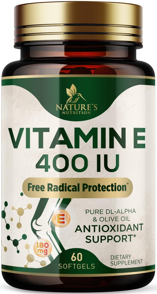 Vitamin E 180mg Per Serving - E Vitamins DL-Alpha, Antioxidant-Rich Dietary Supplement for Skin, Heart, and Immune Support, USA Bottled, Easily Absorbed, Non-GMO & Gluten Free - 60 Softgels