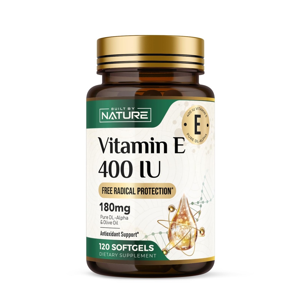 Built by Nature Vitamin E with Olive Oil - 400 IU (dl-Alpha Tocopherol) - High Potency Antioxidant Supplement for Immune, Skin & Heart Health - Non-GMO - 4 Month Supply, 120 Softgels