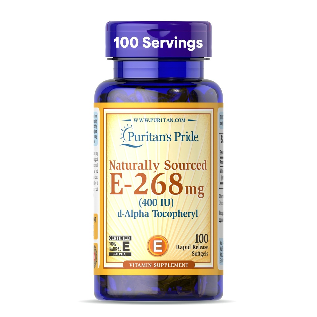 Puritan's Pride Vitamin E-268mg (400IU) D-Alpha Tocopheryl, Vitamin Supplement for Immune System Function and Antioxidant Health Support, 100 Rapid Release Softgels