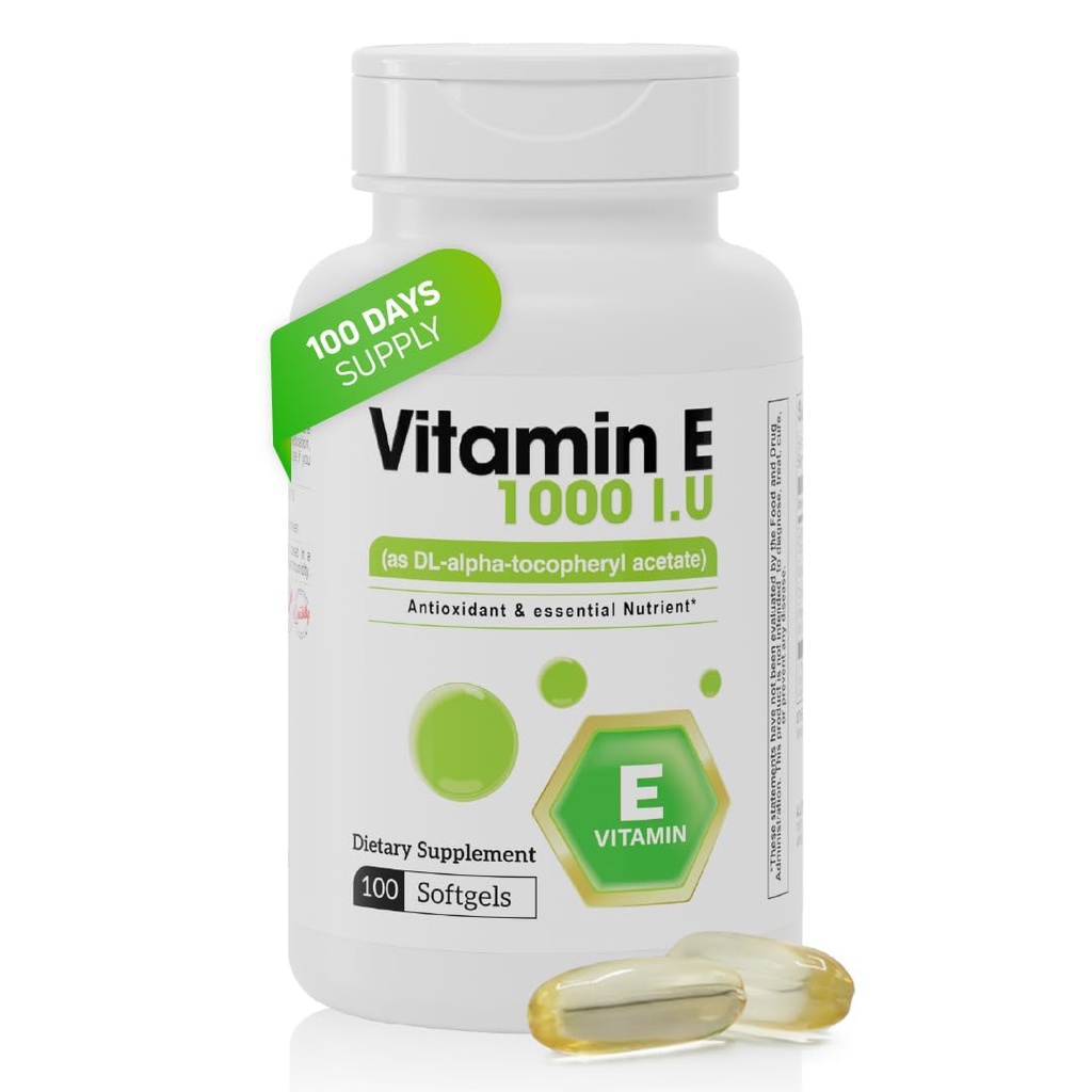 Vitamin E 1000 IU Softgels – Antioxidant Supplement with DL-Alpha-Tocopheryl Acetate – Skin & Body Support Capsules – 100 Count, 100 Day Supply