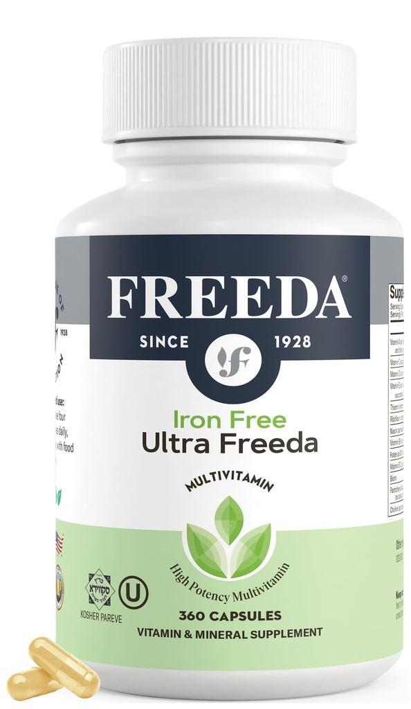 FREEDA Maximum Strength Multivitamin – High Potency Daily Supplement for Active Adults (Men & Women) – Iron Free – SCD Diet Compatible – 120 Capsules – Ultra Freeda