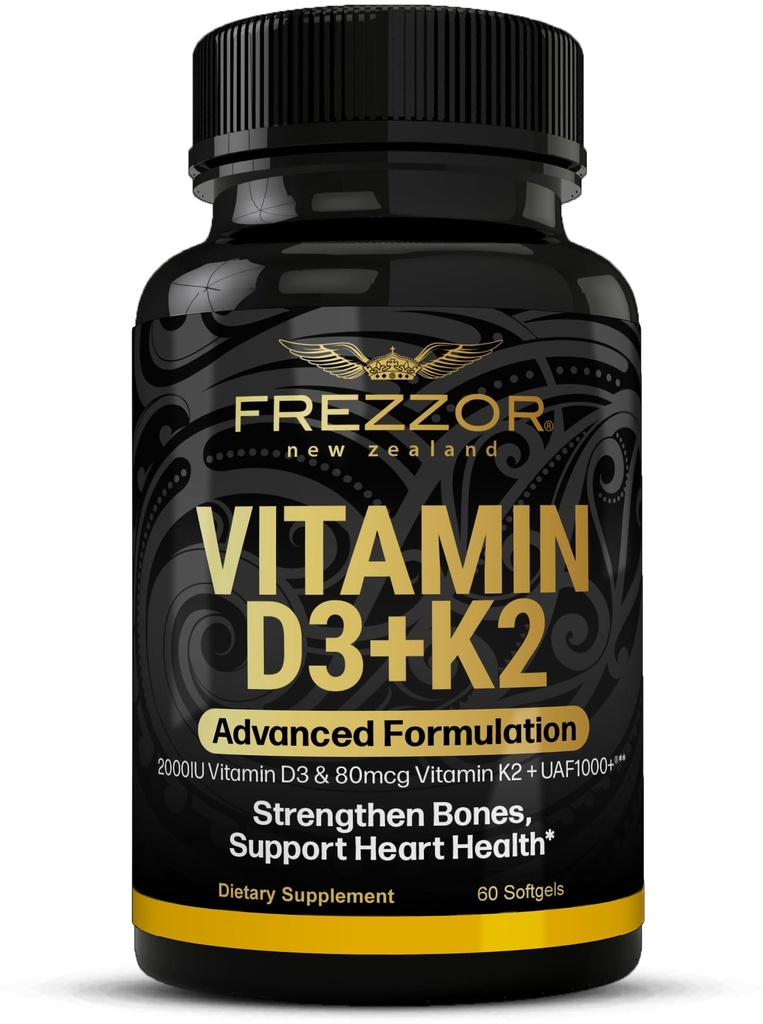 FREZZOR Vitamin D3 and K2 Caps, High Potency D3 2000IU and K2 (MK7) 80mcg, Unique VIT D3 from 100% New Zealand Sheep's Wool Lanolin. Cardiovascular Support & Bone Health, 60 Softgels 1 Month Supply