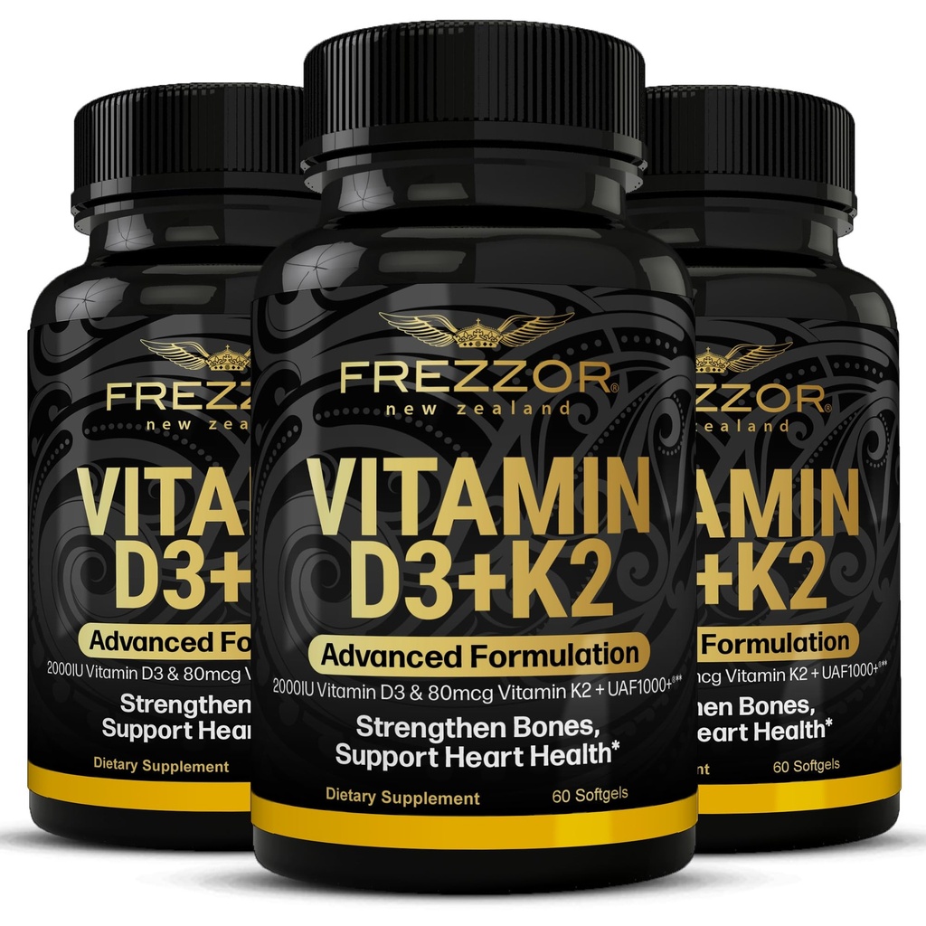 FREZZOR Vitamin D3 and K2 Caps, High Potency D3 2000IU and K2 (MK7) 80mcg, Unique VIT D3 from 100% New Zealand Sheep's Wool Lanolin,180 Softgels 3 Month Supply