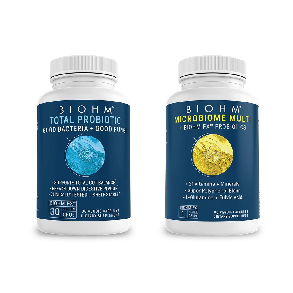 BIOHM Total Probiotic and Microbiome Multi Bundle, 30 Billion CFU Probiotic & Probiotics Natural, Digestive Enzymes, Immune Health, Shelf Stable, Clinically Studied, Non-GMO, Vegan, for Women and Men