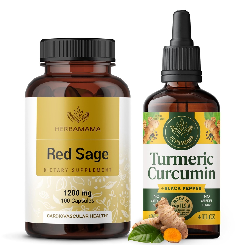 HERBAMAMA Red Sage and Turmeric Kit - Bundle των 1200 mg Red Sage Dan Shen Κάψουλες & Κουρκουμίνη Κουρκουμίνη σταγόνες 2 fl oz - Vegan, μη-GMO, Ζάχαρη & Αλκοόλ-δωρεάν - 2 Pack