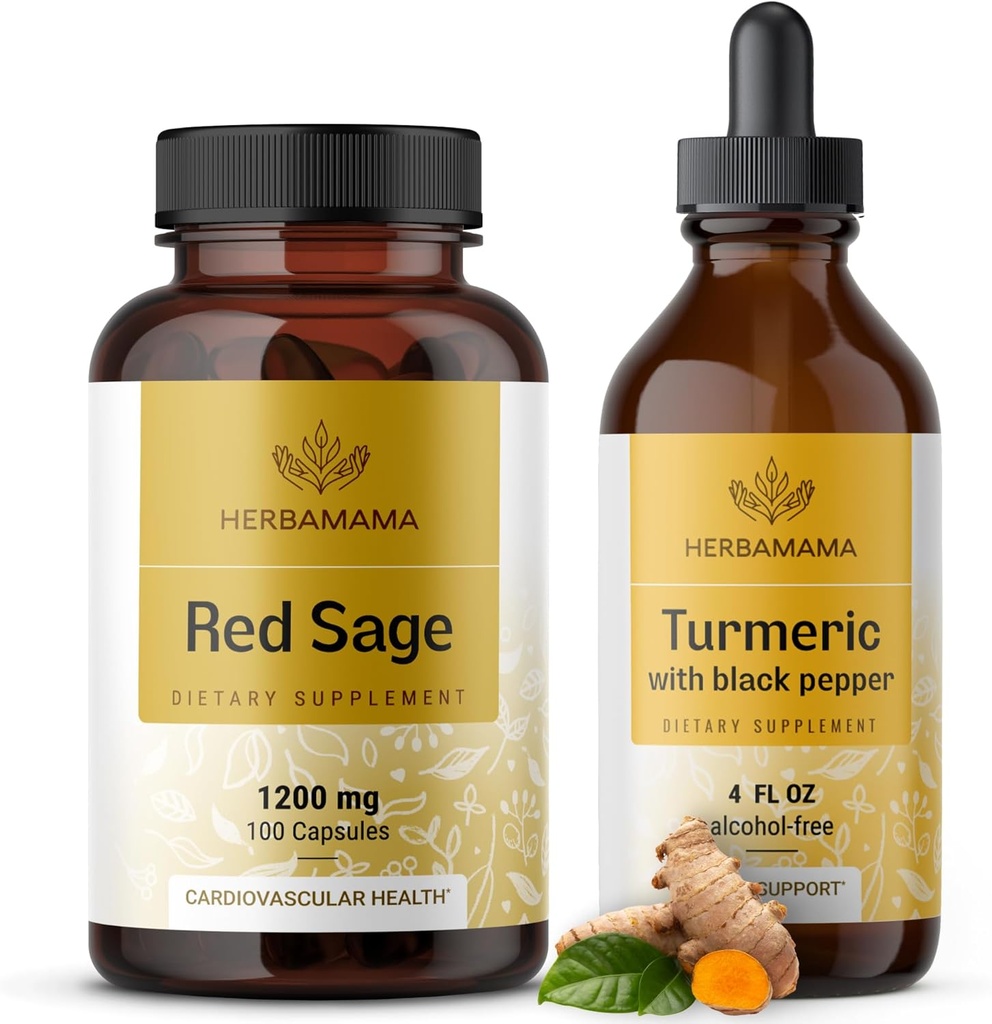 HERBAMAMA Red Sage and Turmeric Kit - Bundle των 1200 mg Red Sage Dan Shen Κάψουλες & Κουρκουμίνη Κουρκουμίνη σταγόνες 2 fl oz - Vegan, μη-GMO, Ζάχαρη & Αλκοόλ-δωρεάν - 2 Pack
