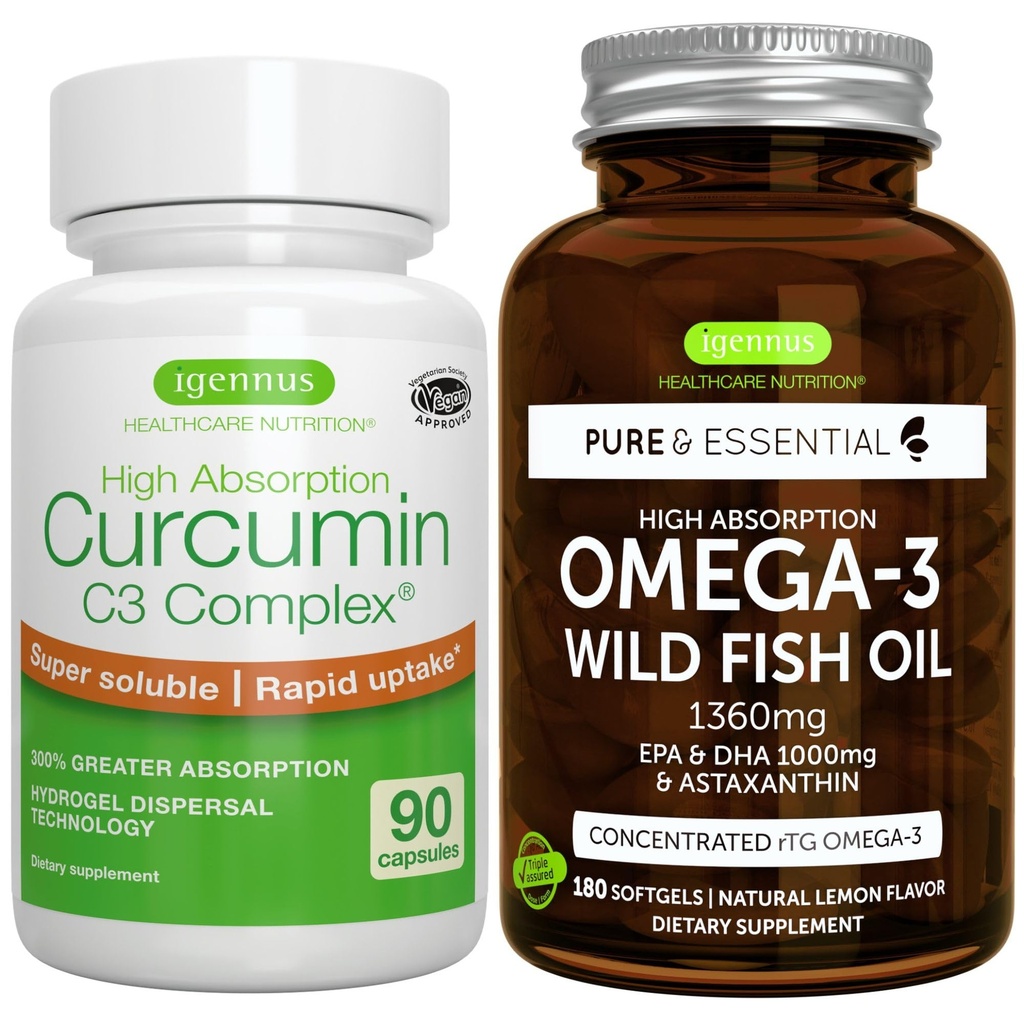 High Absorption Omega-3 Wild Fish Oil 1360mg + High Absorption Curcumin C3 Complex Bundle, 1000mg EPA & DHA with Astaxanthin + + 300% Greater Absorption Curcuminoids with Rapid Uptake, by Igennus
