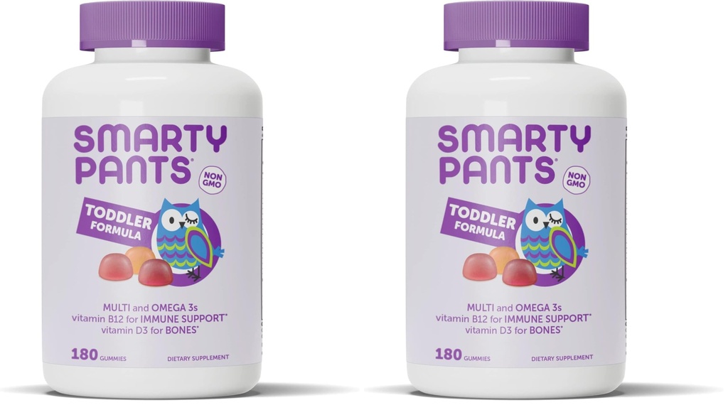 SmartyPants Toddler Multivitamin Gummies: Omega 3 Fish Oil(EPA/DHA), Vitamin D3, C, B12, B6, A, K & Zinc, Biotin, Beta Carotene, Gluten Free, 3 Fruit Flavors, 180 Count (60 Day Supply) (Pack of 2)