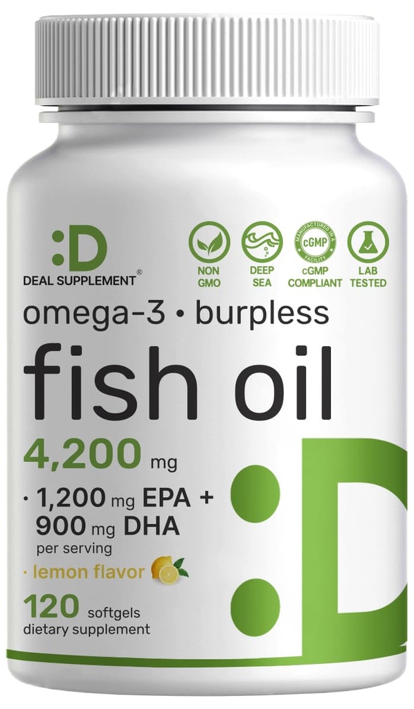 DEAL SUPPLEMENT Omega-3 Fish Oil 4,200 mg Per Serving, 120 Burpless Softgels | Deep Sea Fish | 1,200 mg EPA + 900 mg DHA | Lemon Flavor, No Fishy Aftertaste | Non-GMO
