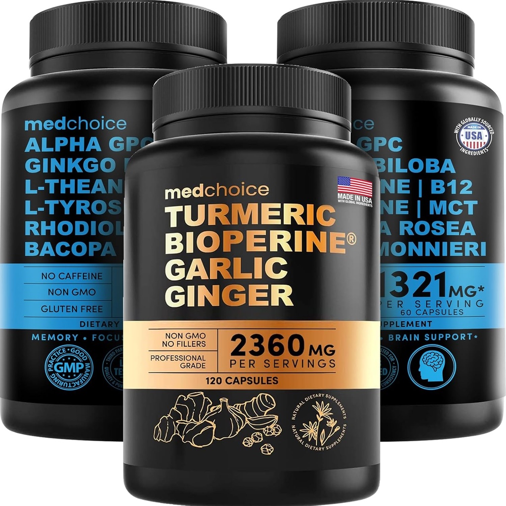MEDCHOICE Turmeric & Ginger (120ct) και Nootropic Brain (120ct) Συμπλήρωμα Bundle - Wellness Duo για το Joint, Digestion, Brain, & Mood Support - Vegan, Non-GMO, Gluten-free