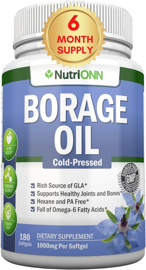 Borage Oil - 1000 mg - 180 Softgels - Cold Pressed High GLA Borage Seed Oil - Hexane και PA Free - Great for Skin, Hair and Bones.