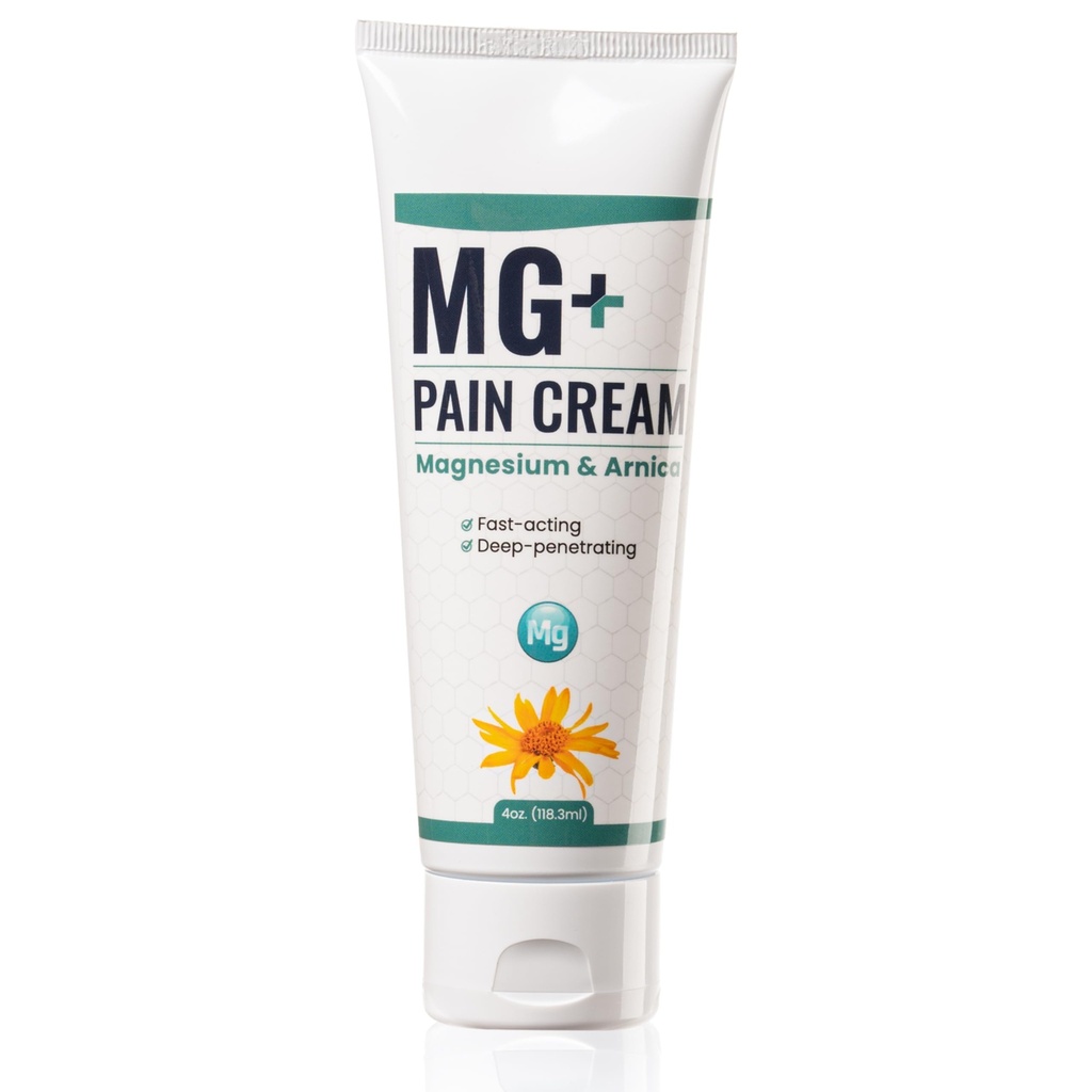 MG+ Pain Cream Squeeze Tube - Extra Strength Magnesium and Arnica Cream - 4 OZ New Squeeze Tube - Sore Legs and Joints, Leg Cramps, Sports and Arthritis Pain Rub - 1 Pack