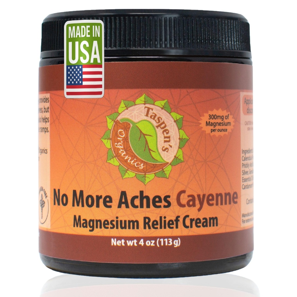 Taspen's Organics Magnesium No More Aches Cayenne Relief Cream – Pain, Tension & Nerve Comfort – Muscle Relief – Warming with Cayenne, Ginger, Arnica & St. John's Wort – Topical Fast Relief (4 oz)