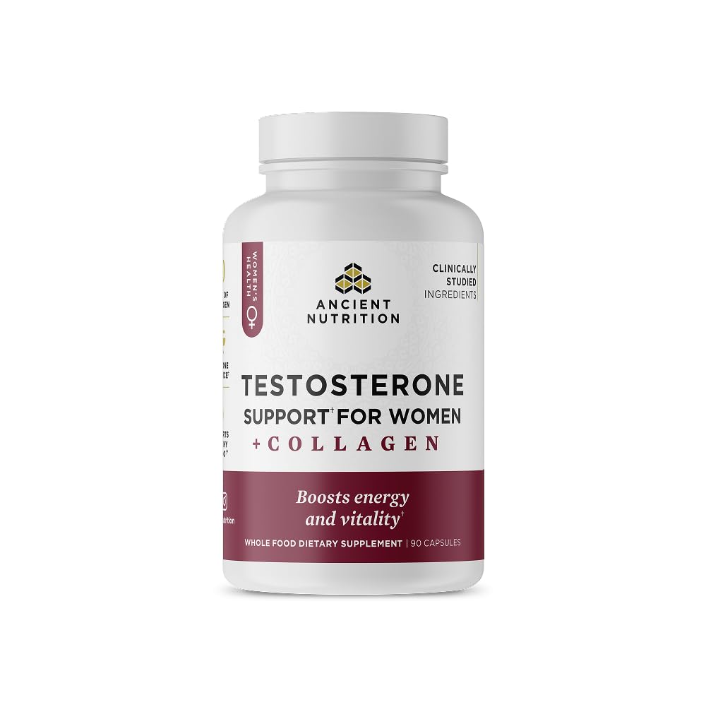 Ancient Nutrition Testosterone Support + Collagen Supplement, Hydrolyzed Collagen Peptides, Key Clinically Studied Superfoods Support Female Hormone Balance & Healthy Testosterone Levels, 90 Capsules