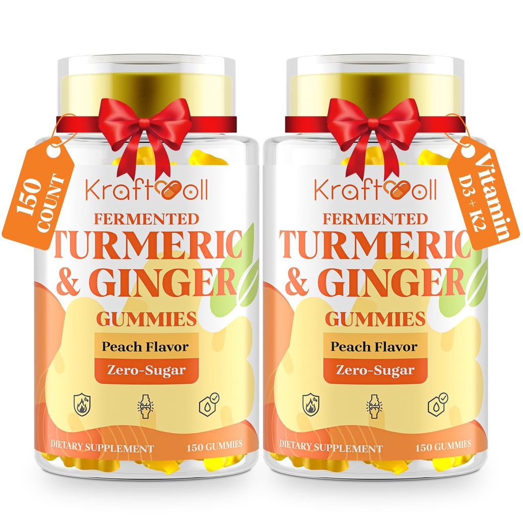 Turmeric Curcumin with Ginger Gummies, Vegan Formula with Fermented Turmeric & Black Pepper, Joint Comfort & Mobility, Sugar-Free with Vitamin D3 + K2, Natural Peach Flavor – 150 Gummies (2 Bottles)