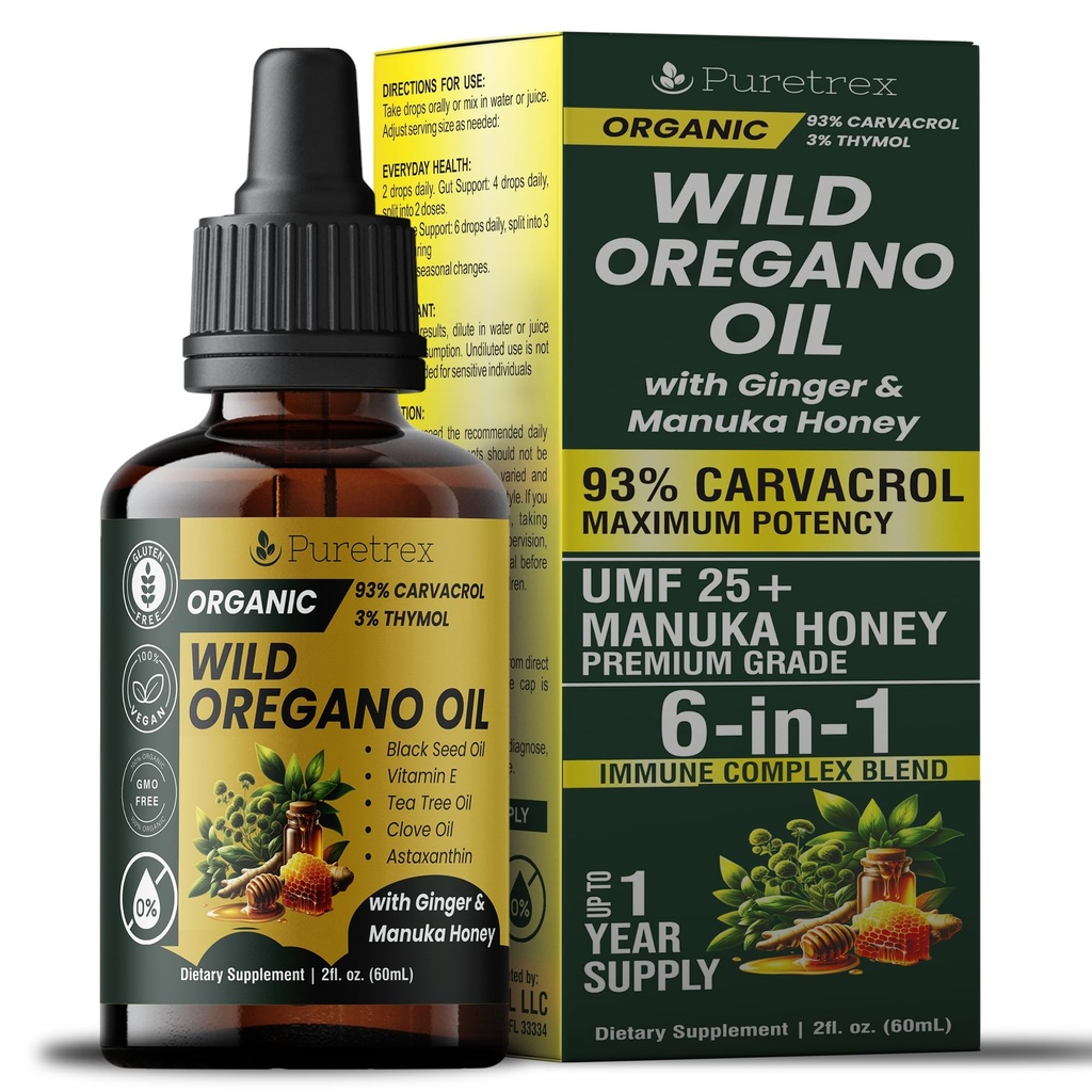Organic Oil of Oregano Drops with Black Seed Oil, Wild Herbal Extract 93% Carvacrol, Liquid Tincture with Ginger & Manuka Honey UMF 25+, High Potency Botanical Blend, 60ml