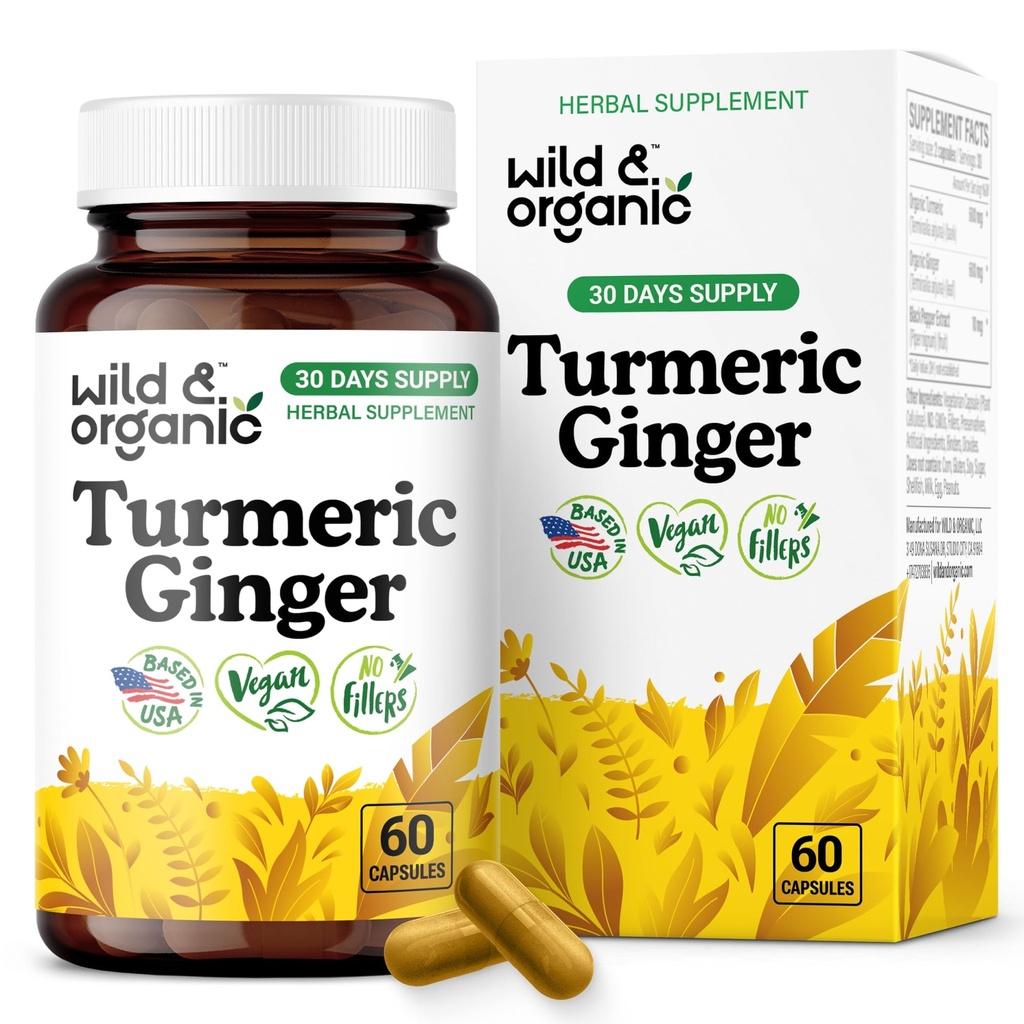 Wild & Organic Turmeric and Ginger Supplement Capsules - Mobility & Immune Support - Ginger and Turmeric Supplements with Black Pepper - 30 Days of Supply - Vegan, No Fillers, Non-GMO - 60 Count