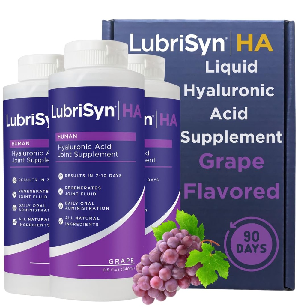 LubriSyn HA Human Liquid Hyaluronic Acid Joint Supplement, Oral HA for People, Supports Healthy Knees, Hips & Joint Function for Men & Women, Grape Flavor, 30-Day Supply, 11.5 oz, 3 Pack