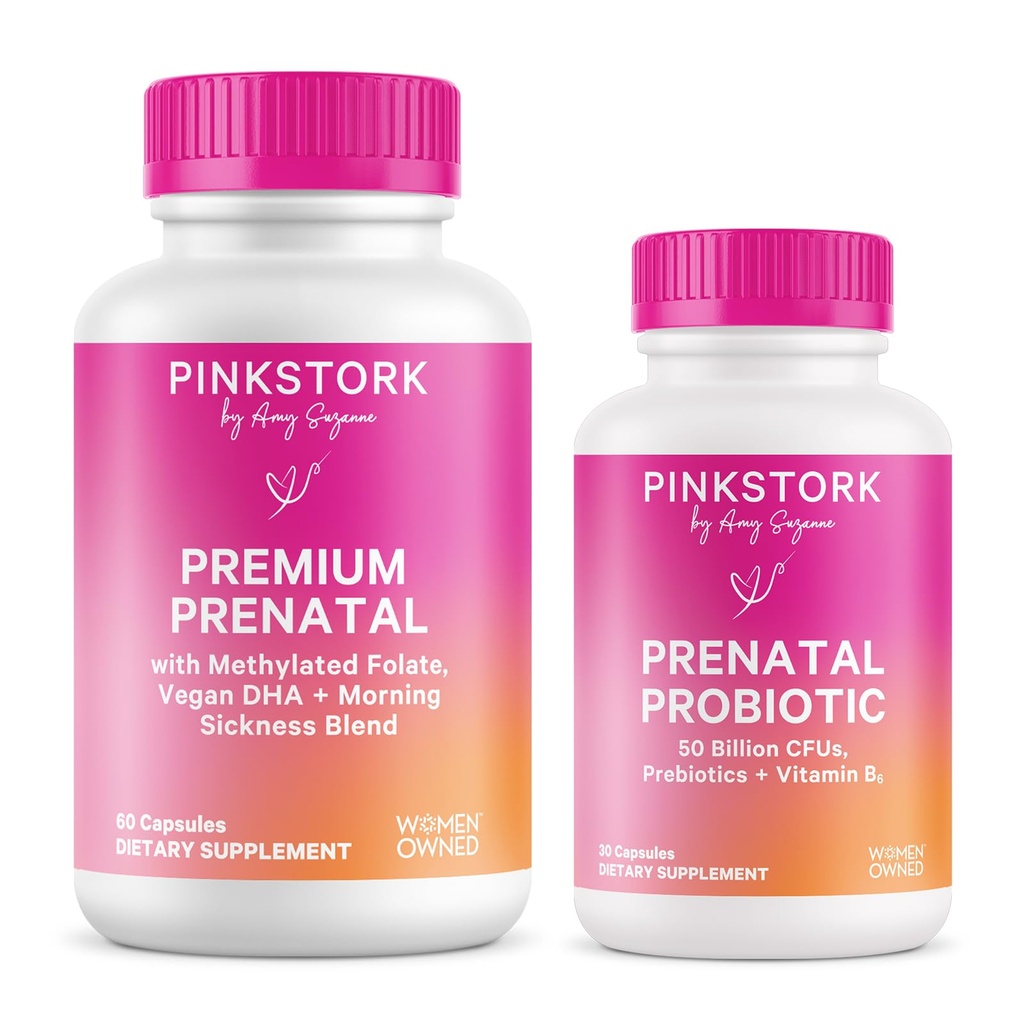 Pink Stork Prenatal Nutrition Essentials | Premium Prenatal Vitamin with Folate, Iron, B6 & Prenatal Probiotic with Prebiotics | Gut Health, Morning Sickness & Immune Support
