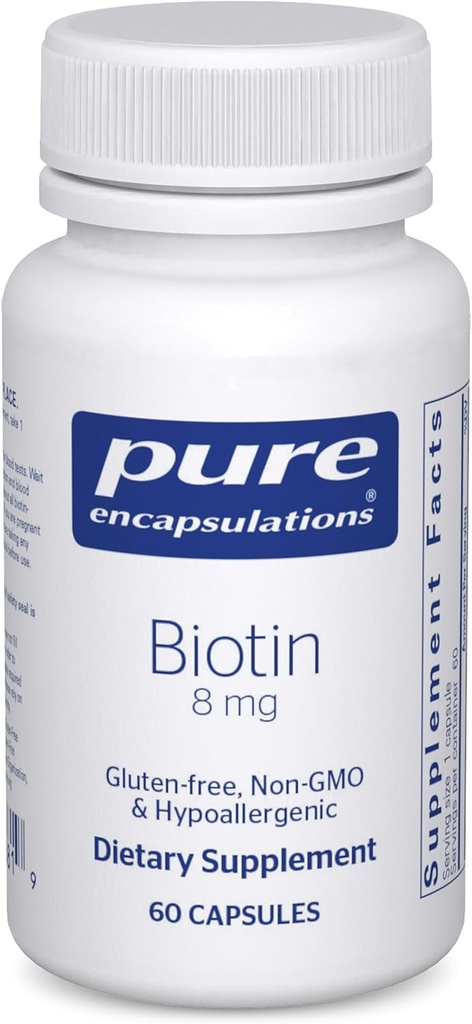 Καθαρές ενθυλακώσεις Biotin 8 mg - B Συμπλήρωμα βιταμίνης για την ενίσχυση της ανακούφισης από το στρες, τα μαλλιά, το δέρμα και την ενίσχυση των νυχιών, του μεταβολισμού, της υδατανθράκωσης και του νευρικού συστήματος* - με Premium Biotin - 60 κάψουλες
